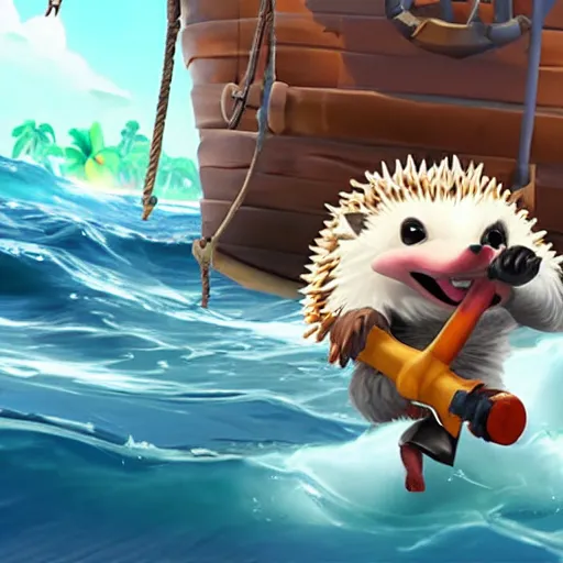 Prompt: hedgehog on a ship in sea of thieves