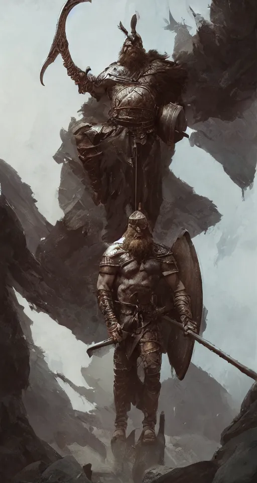 Image similar to the viking stands triumphantly as he enters the majestic gates of valhalla. highly detailed, digital painting, artstation, smooth, sharp focus, masterpiece, stunning concept art by ruan jia and jakub rebelka and artgerm and greg rutkowski and ralph mcquarrie and android jones