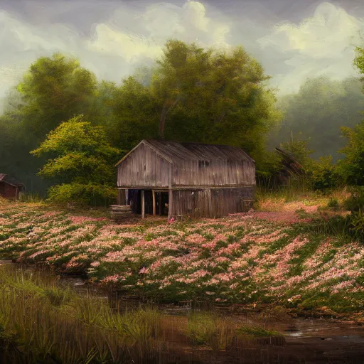 Image similar to a matte painting of a midwestern countryside, shack close up, river, overgrown, patchy flowers, oil painting, pale colors, high detail, 8 k, wide angle, trending on artstation,