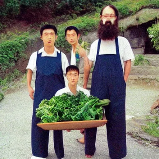 Prompt: secret full color photos form the year 1 9 9 9 of a cult in japan. everyone must not wear pants, they must wear shirts, all their hair is shaved off the side but very long on top. small beards are ok. you must carry a large vegetable in each hand at all times.