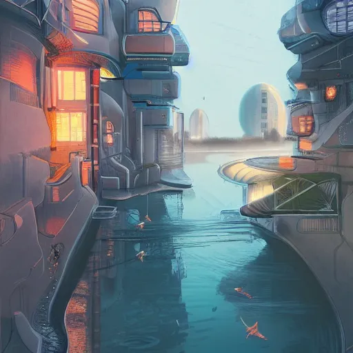 Prompt: Narrow cosy waterway in futuristic sci-fi city in harmony with nature. Nice colour scheme, soft warm colour. Beautiful detailed illustration by Lurid. (2022)