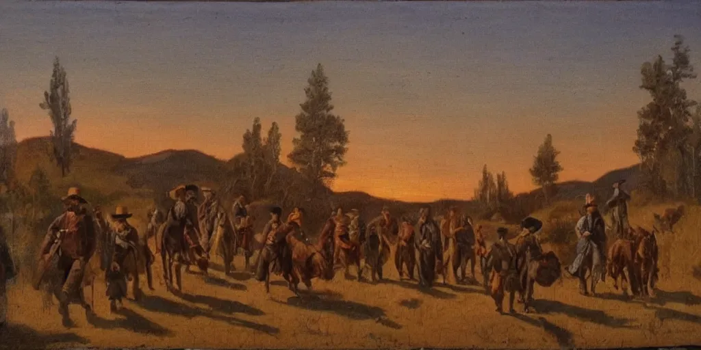 Image similar to a band of outlaws walking in the wild west at sunset, as a XIXth century painting