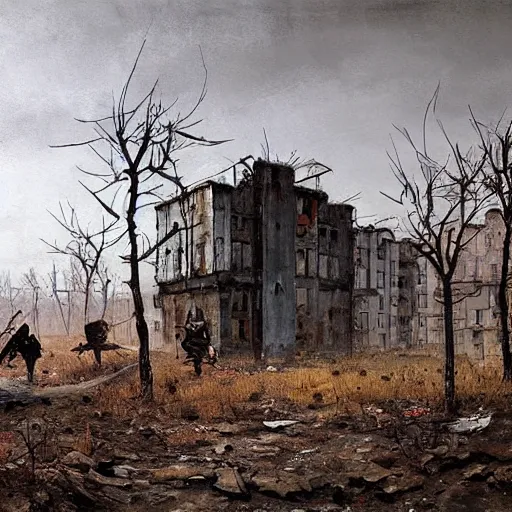 Image similar to painting of a abandoned post soviet town infested with humanoid root monsters by jakub rozalski