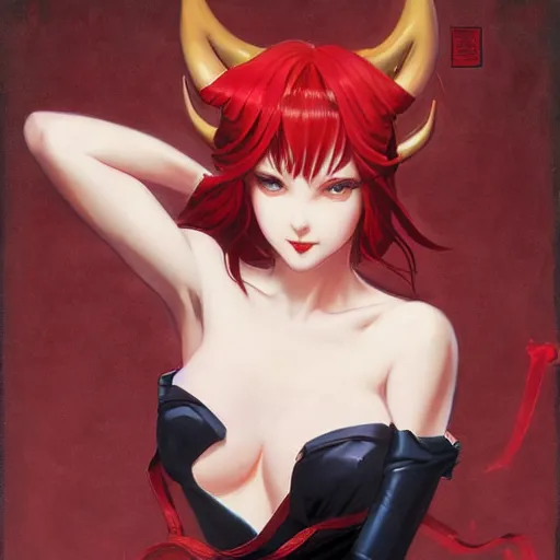 Image similar to a girl with red hair, red eyes, demon horns and a tail with a devious grin. By JC Leyendecker Phuoc Quan. Makoto shinkai