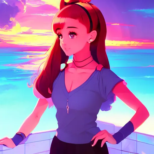 Image similar to portrait of ariana grande, sunset background, rich vivid colors, ambient lighting, dynamic lighting, 4k, official media, anime key visual, makoto shinkai, ilya kuvshinov, lois van baarle, rossdraws, detailed, trending on artstation