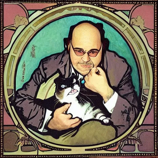 Prompt: “ portrait of george costanza from seinfeld holding grumpy cat, art nouveau, summer of george, by alphonse mucha ”
