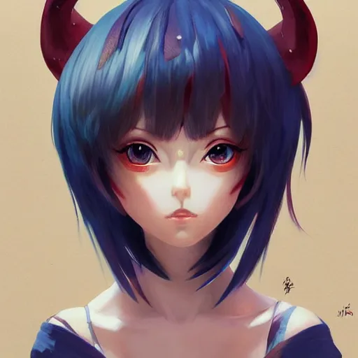 Prompt: portrait of anime pixie character with horns manga cover, highly detailed, digital painting, artstation, concept art, sharp focus, illustration, strong brush stroke, anime, sharp edges, coherent, art by greg rutkowski, ilya kuvshinov, sharp focus, ghibli studio, art by ilya kuvshinov, rossdraws