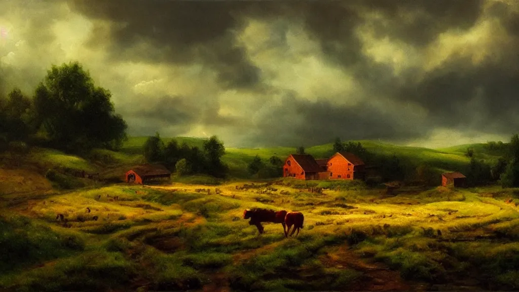 Prompt: the most beautiful landscape, oil painting, a farm, raining, at night, cinematic lighting, highly detailed, very realistic