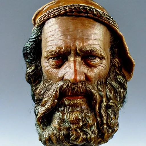 Image similar to hyper realistic closeup bust of a new england fisherman, the dude, painted, colorized, bossons vintage chalkware, by emile renouf