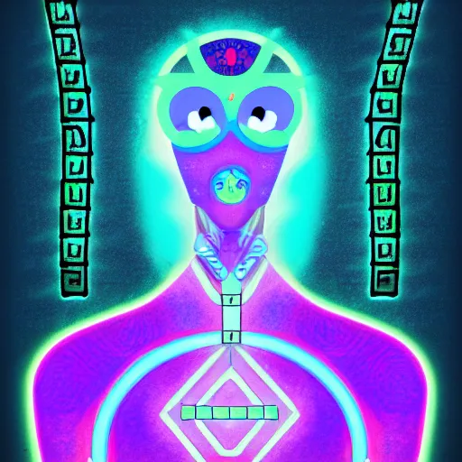 Image similar to portrait of a future metaverse cyborg tech shaman warrior, 2D cartoon, flat cartoony, visionary art, symmetric, Magick symbols, holy halo, shipibo patterns, sci-fi, adventure time character style