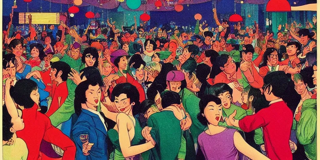 Image similar to a crowd of people dancing underneath a disco ball, risograph by ernie barnes, kawase hasui, rex goreleigh, edward hopper, satoshi kon and moebius,, no text!, colorful flat surreal design, super - detailed, a lot of tiny details, fullshot