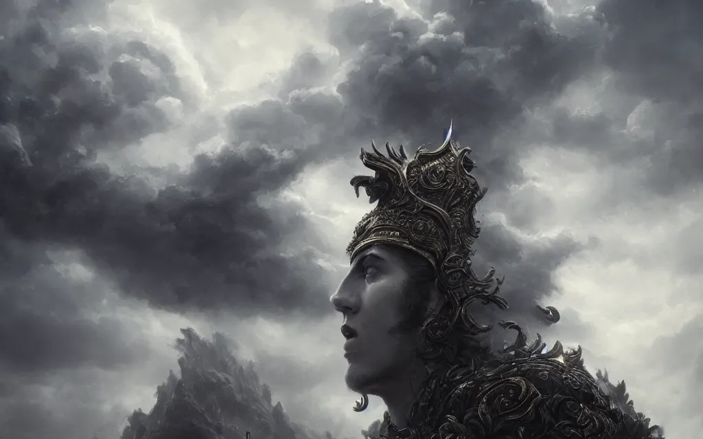 Image similar to portrait of demigod throne clouds, face made out of clouds, dramatic, intricate, elegant, detailed, digital painting, artstation, concept art, smooth, sharp focus, illustration, cinematic, gustave dore, octane render