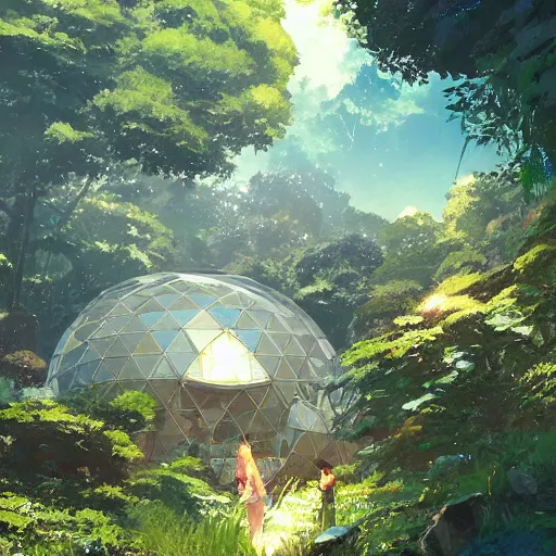 Image similar to geodesic dome with gardens and waterfall, gapmoe kuudere moody lighting stunning bokeh highlights sharp contrast | trending pixiv fanbox | by greg rutkowski makoto shinkai takashi takeuchi studio ghibli