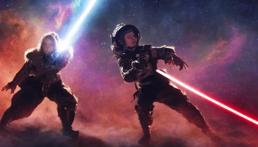 Image similar to big budget scifi movie about space wizards fighting with laser swords on a spaceship