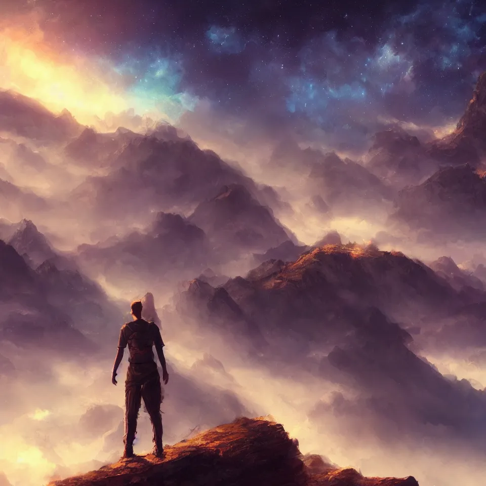 Image similar to man standing on edge of the mountain, galaxy in the sky,digital art, concept art, fantasy art, highly detailed, HD wallpaper, artstation, Deviantart, abeyance