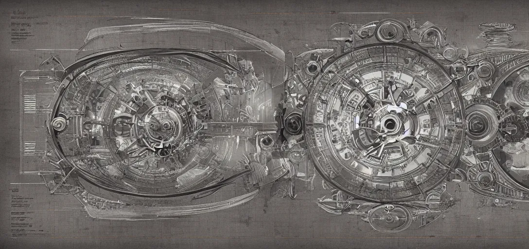 Image similar to symmetrical steampunk blueprint of a Perpetuum mobile, marginalia, symmetry, intricate Details, raphael lacoste, eddie mendoza, alex ross, concept art, matte painting, highly detailed, rule of thirds, dynamic lighting, cinematic, detailed, denoised, centerd, clean render