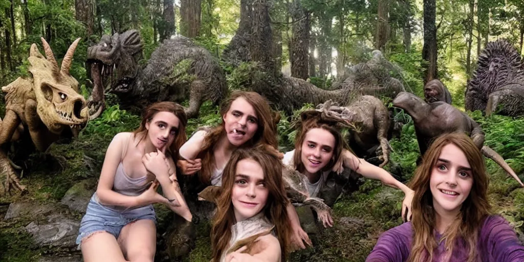 Image similar to photo, three hairy fat cave people, emma!! watson!!, looking at camera, surrounded by dinosaurs!, gigantic forest trees, sitting on rocks, bright moon, birthday cake on the ground, front close - up view of her face, selfie, jelly monster