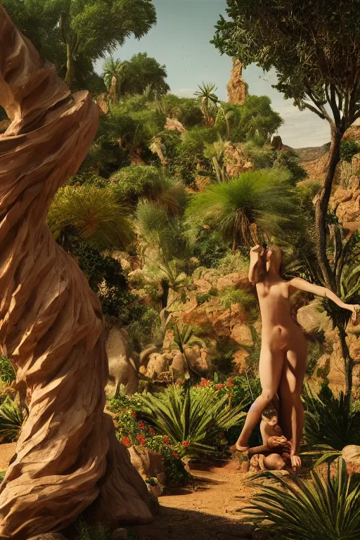 Image similar to a lush desert valley with vegetation in the style of caravaggio, with a parametric statue of a human in the middle of the foreground, oil painting, raytracing, 8 k, octane render, volumetric, vivid, beautiful, hyperrealism