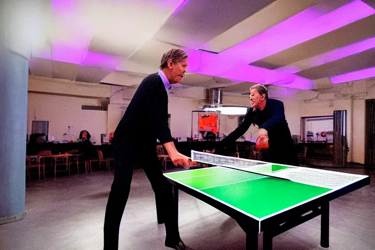 Image similar to Hugh Laurie and Stephen Fry playing table tennis, neon lighting