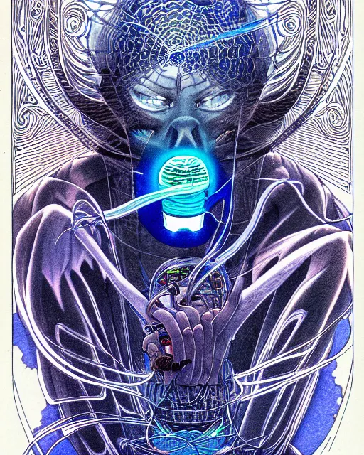 Image similar to hyper detailed illustration of a blue ghost djinn with microphone, intricate linework, lighting poster by moebius, ayami kojima, 9 0's anime, retro fantasy