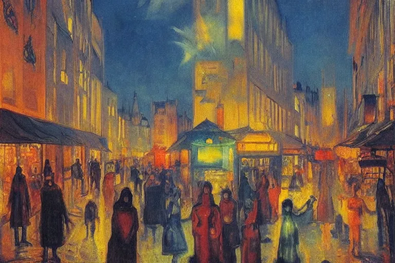 Prompt: dream festival in a city, low angle view from a city street lined with shops and apartments, glowing street signs, revelers playing games and shopping at a night market, oil painting by edvard munch, beksinski, chiaroscuro, baroque