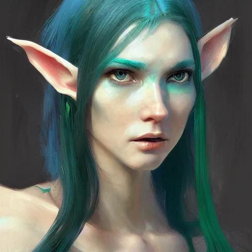Prompt: beautiful elf woman, long blue hair, green eyes, very beautiful features, portrait, painting by alphonse muca, greg ruthowski, craig mullins, ruan jia, wlop, very beautiful and detailed, artstation, high quality