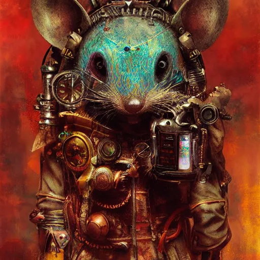 Image similar to steampunk rat, acid, 303, psychedelic, by ruan jia