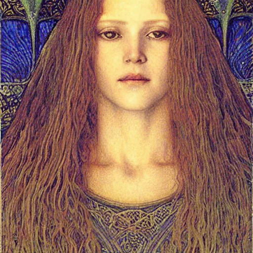 Prompt: detailed realistic half body portrait of a beautiful young medieval queen by jean delville, art nouveau, symbolist, visionary, gothic