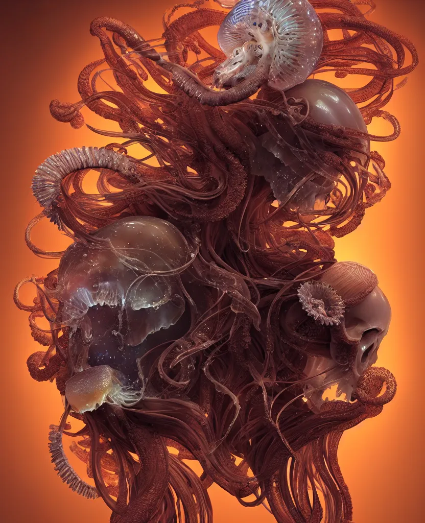 Image similar to goddess close-up portrait ram skull. jellyfish phoenix head, nautilus, orchid, skull, betta fish, bioluminiscent creatures, intricate artwork by Tooth Wu and wlop and beeple. octane render, trending on artstation, greg rutkowski very coherent symmetrical artwork. cinematic, hyper realism, high detail, octane render, 8k