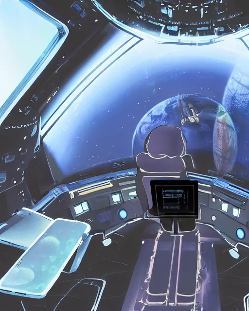 Image similar to A female Android extraterrestrial pilot in the control seat while flying the spacecraft. A viewing window in Background with a three-dimensional computer hologram showing as a reflection, insanely detailed, digital art