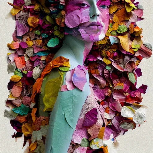 Image similar to a portrait of a woman constructed from flower petals, layered composition, layers, texture, mcu, newspaper, highly textured, layered, sculpted, dynamic,