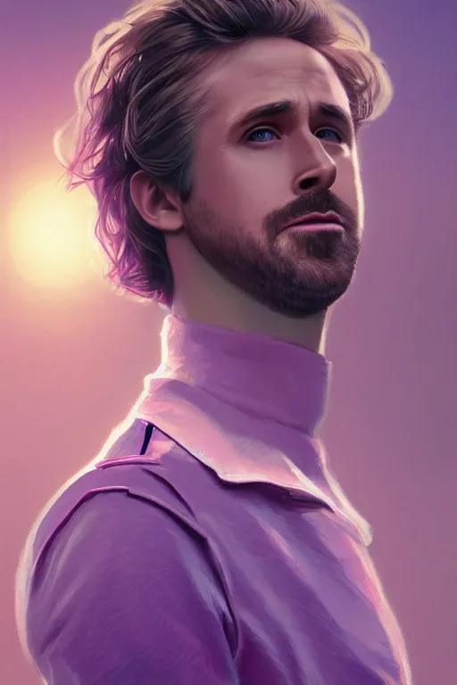 Image similar to ryan gosling robotic clothes in the beach purple sun, pink lighting ultra realistic photorealistic highly detailed high quality, a stunningly, digital painting, artstation, concept art, smooth, sharp focus, illustration, art by artgerm and greg rutkowski and alphonse mucha 8 k