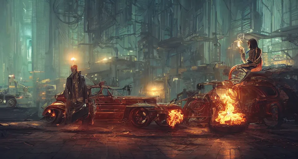Image similar to a highly detailed epic cinematic concept art CG render digital painting artwork scene: a corpse revived with a smoking combustion engine. retrofuturistic 1920s cyberpunk steampunk. By Greg Rutkowski, Ilya Kuvshinov, WLOP, Stanley Artgerm Lau, Ruan Jia and Fenghua Zhong, trending on ArtStation, made in Maya, Blender and Photoshop, octane render, excellent composition, cinematic dystopian brutalist atmosphere, dynamic dramatic cinematic lighting, aesthetic, very inspirational, arthouse