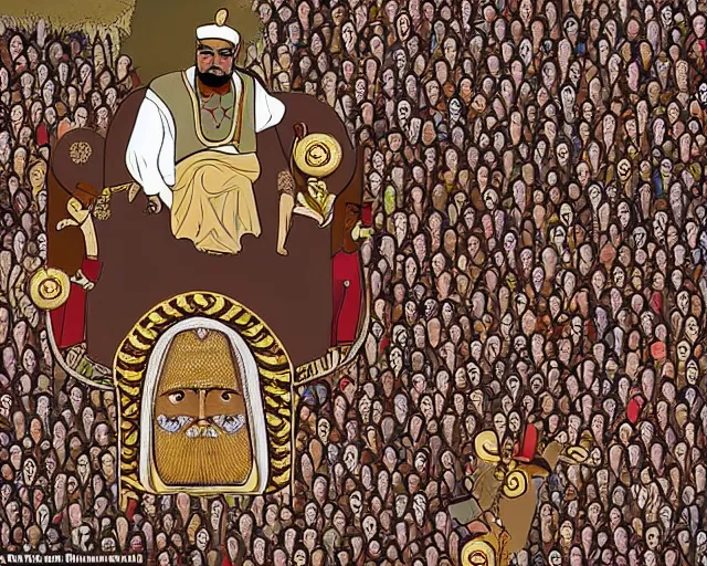 Prompt: a brown man with 10,100 adoring wives. the sultan is floating in the sky with a magical carpet. he is on quest to save all women