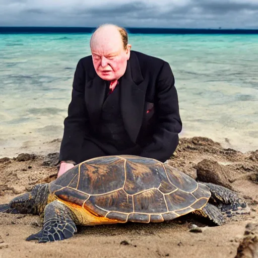 Image similar to An astonished Winston Churchill discovers the first turtle ever in Galapagos, national geographic, XF IQ4, f/1.4, ISO 200, 1/160s, 8K, RAW, unedited