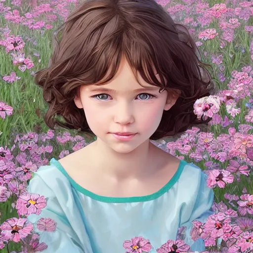 Prompt: a painting of a little girl with short wavy curly light brown hair and blue eyes, sitting in a field of flowers. beautiful detailed face line art by ilya kuvshinov and raymond swanland