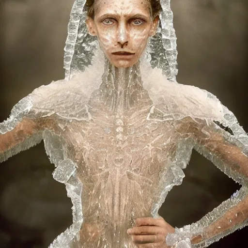 Image similar to full shot of a regal brown woman wearing an intricate armor made of many layers of ice. no makeup!! freckles!! haunting eyes. vulnerable. fragile. ethereal. elaborate. ice caves. glaciers. refracted light. extremely soft lighting. textures. delicate. translucent. by ray cesar. by louise dahl - wolfe. by andrea kowch. surreal photography.