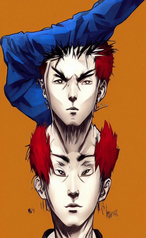 Image similar to rapper short man, anime style, Big red hat, short hair, spikey hair, symmetrical facial features, hiphop era, hyper-realistic, pale skin, 4k, blue hair, extreme detail, detailed drawing, trending artstation, hd, Friday night funkin, hiphop aesthetic, realistic lighting, by Alphonse Mucha, Greg Rutkowski, sharp focus, backlit, fnf boyfriend clothing