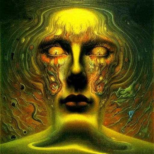 Image similar to My soul transcends the ashes of my body to merge with the blissful dimensionless vodi - contest-winning artwork by Salvador Dali, Beksiński, Van Gogh, Giger, and Monet. Stunning lighting
