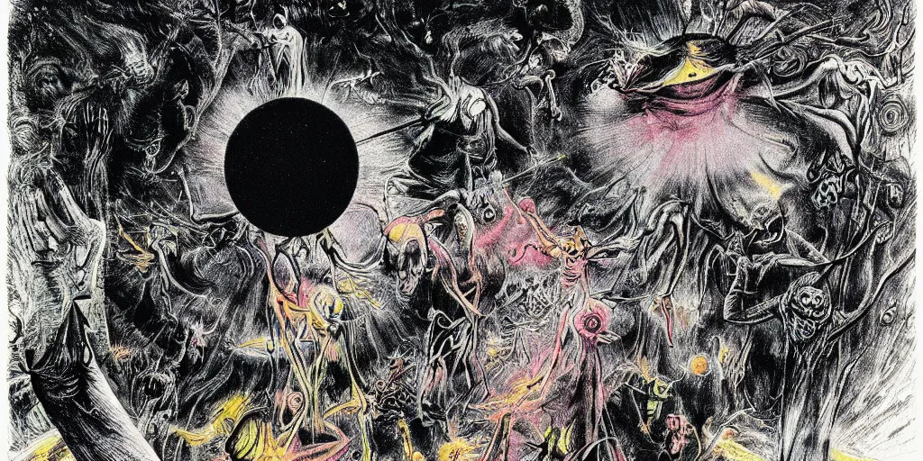Image similar to dawn of creation ; first atom ; beings of light and darkness ; ethereal plane. bright neon colors. illustrated by maurice sendak and stephen gammell and junji ito