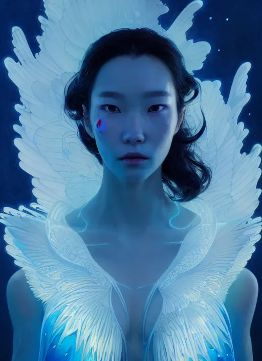 Prompt: character design by james jean, jakub rebelka, tran nguyen, yoann lossel, wadim kashin ( ( ( portrait of hoyeon jung with white wings in a royal blue chic bra ) ) ) emerging from a bioluminescent wave, sharp edges. ultra clear detailed. 8 k. ultra detailed, majestic, intricate, masterpiece