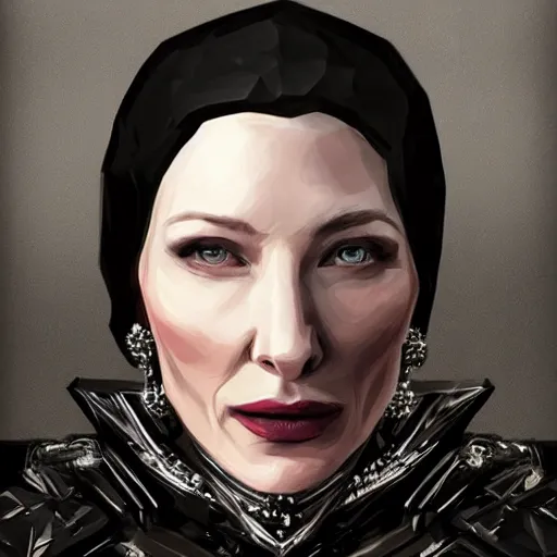 Prompt: “ portrait of cate blanchett portrait by shaddy safadi, looking at camera, hoker on neck, stylish armor, intricate, elegant, stylish, fierce look, fantasy, extremely detailed, digital painting, artstation, concept art, smooth, sharp focus, illustration, stunning lighting ”