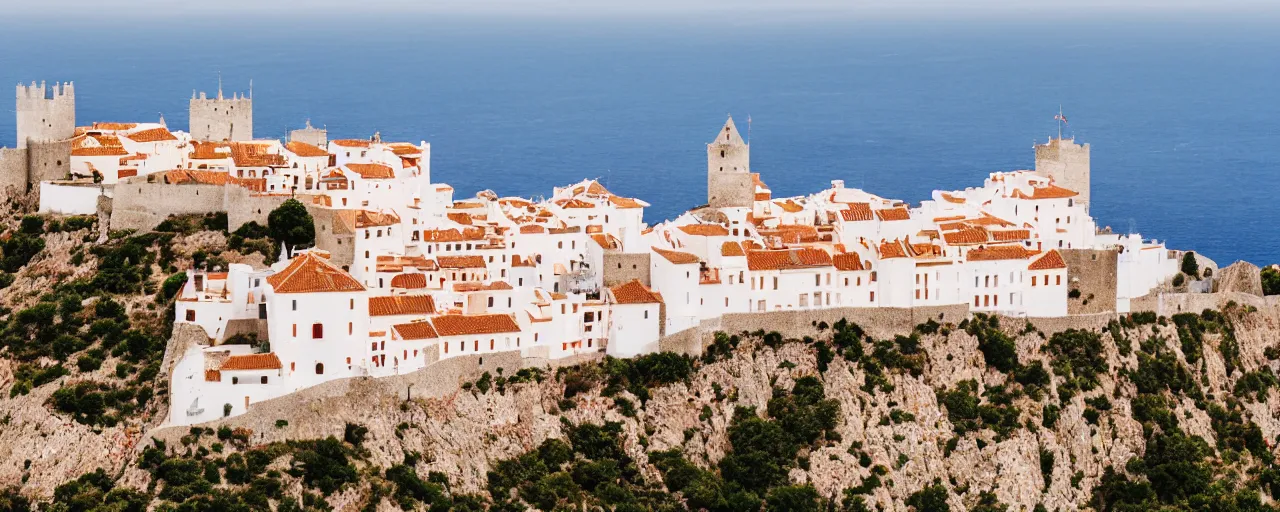 Prompt: 35mm photo of the Spanish castle of Salobrena on the top of a large rocky hill overlooking a white Mediterranean town, white buildings with red roofs, small square white buildings, ocean and sky by June Sun