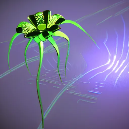 Prompt: a futuristic, cybertronic lily flower, metallic and reflective, unreal engine