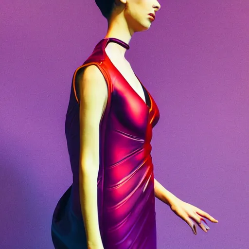 Prompt: flume and former cover art future bass girl un wrapped statue bust curls of hair petite lush side view photography model full body untouched art contrast vibrant futuristic fabric dress skin material style of Jonathan Zawada, Thisset colours simple background objective