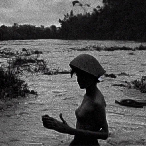 Image similar to film still, close up, emma watson rising out of muddy vietnam river, face covered in mud, low camera angle at water level, night time, film still from apocalypse now ( 1 9 7 9 ), 2 6 mm