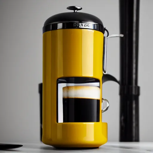 Prompt: yellow coffee mug that looks like a rimowa portmanteau, steaming coffee