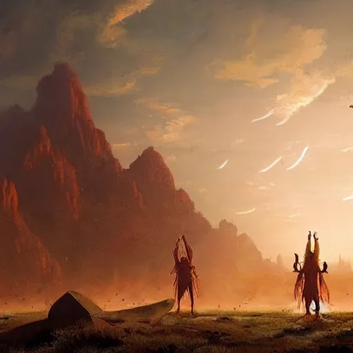 Prompt: tribal worshippers raise their hands as a plane in the distance lands, epic scene, cinematic lighting, photorealistic, historical documentary, by greg rutkowski