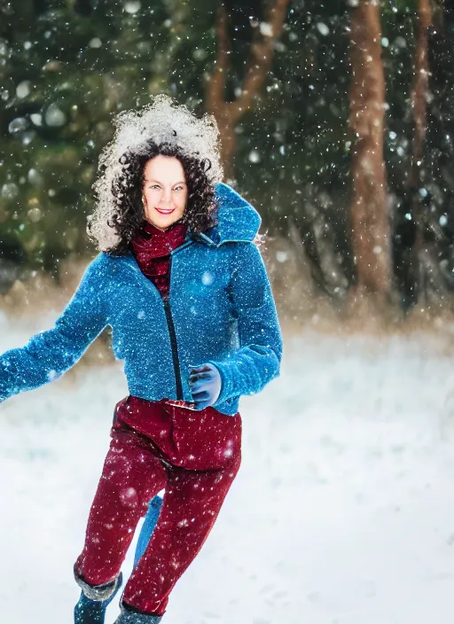 Prompt: a photo of 4 0 year old woman with short wavy curly light brown hair and blue eyes wearing colorful winter clothes is running in a snowy field. 3 5 mm. front view, award winning photography