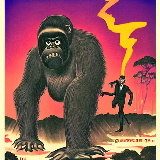 Image similar to glossy old advertising poster, king kong walking through crowded hong kong street, horror, drawn comic by junji ito, pastels, gradient